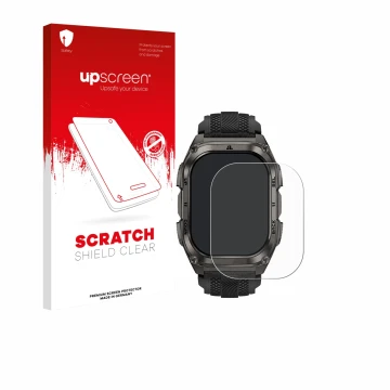 Vorderseite einer Produktverpackung mit dem Markenlogo upscreen. Daneben ist das Gerät Kospet Tank M4 mit dem zugehörigen Disp