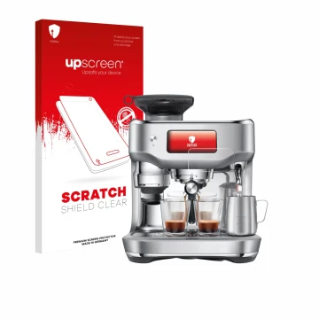 Vorderseite einer Produktverpackung mit dem Markenlogo upscreen. Daneben ist das Gerät Sage the Oracle Dual Boiler mit dem zug