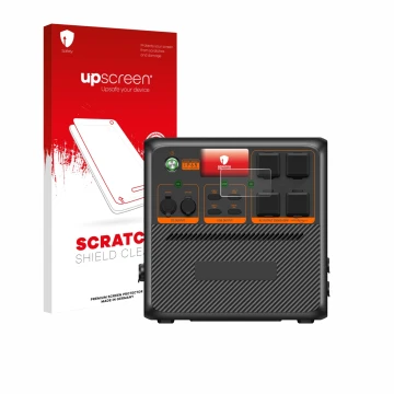 Vorderseite einer Produktverpackung mit dem Markenlogo upscreen. Daneben ist das Gerät Bluetti AC240P mit dem zugehörigen Disp