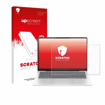 Vorderseite einer Produktverpackung mit dem Markenlogo upscreen. Daneben ist das Gerät HP OmniBook 5 14 mit dem zugehörigen Di