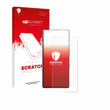 Vorderseite einer Produktverpackung mit dem Markenlogo upscreen. Daneben ist das Gerät ZTE Nubia Red Magic 11 Pro+ mit dem zug