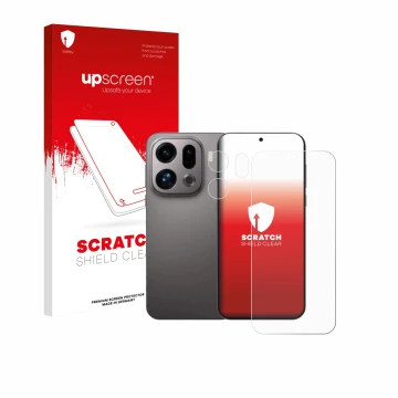 Vorderseite einer Produktverpackung mit dem Markenlogo upscreen. Daneben ist das Gerät Oppo Find X9 (Display+Kamera) mit dem z