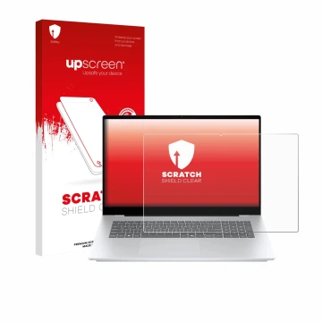 Vorderseite einer Produktverpackung mit dem Markenlogo upscreen. Daneben ist das Gerät HP OmniBook 7 17-dc mit dem zugehörigen
