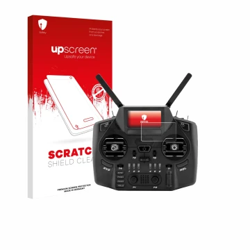 Vorderseite einer Produktverpackung mit dem Markenlogo upscreen. Daneben ist das Gerät Radiomaster GX12 mit dem zugehörigen Di