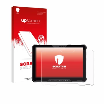Vorderseite einer Produktverpackung mit dem Markenlogo upscreen. Daneben ist das Gerät Dell Pro Rugged 12 RA02260 mit dem zuge