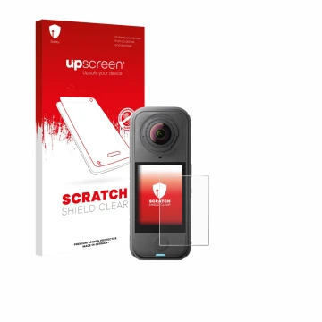 Vorderseite einer Produktverpackung mit dem Markenlogo upscreen. Daneben ist das Gerät Insta360 X4 Air mit dem zugehörigen Dis