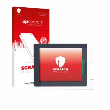 Vorderseite einer Produktverpackung mit dem Markenlogo upscreen. Daneben ist das Gerät Schneider-electric HMIDT542 mit dem zug