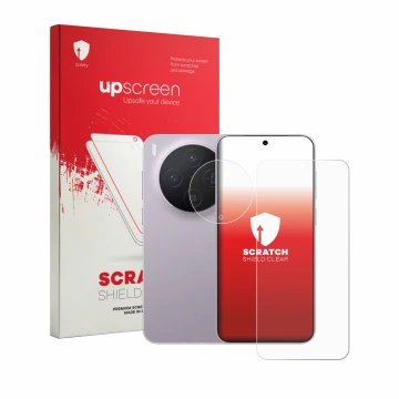 Vorderseite einer Produktverpackung mit dem Markenlogo upscreen. Daneben ist das Gerät Vivo X300 (Display+Kamera) mit dem zuge