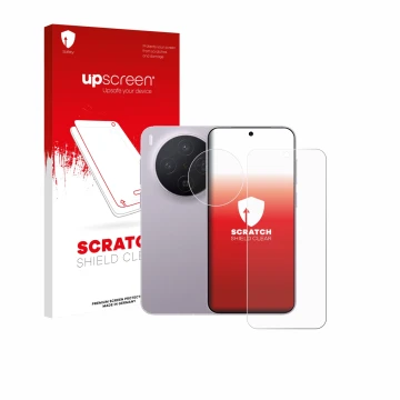 Vorderseite einer Produktverpackung mit dem Markenlogo upscreen. Daneben ist das Gerät Vivo X300 Pro (Display+Kamera) mit dem 