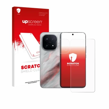 Vorderseite einer Produktverpackung mit dem Markenlogo upscreen. Daneben ist das Gerät Vivo iQOO 15 (Display+Kamera) mit dem z