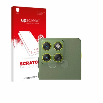 Vorderseite einer Produktverpackung mit dem Markenlogo upscreen. Daneben ist das Gerät Motorola Edge 70 (NUR Kameraschutz) mit