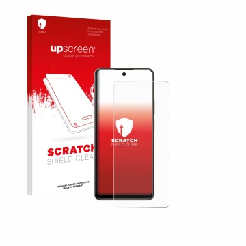 Vorderseite einer Produktverpackung mit dem Markenlogo upscreen. Daneben ist das Gerät Tecno Pova 7 mit dem zugehörigen Displa