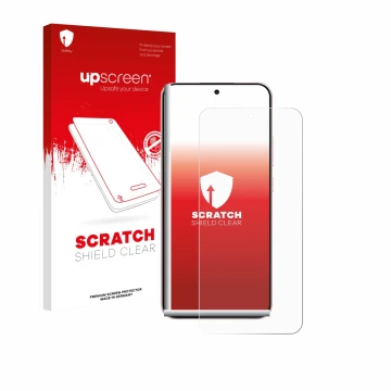 Vorderseite einer Produktverpackung mit dem Markenlogo upscreen. Daneben ist das Gerät Oppo Reno 14 mit dem zugehörigen Displa