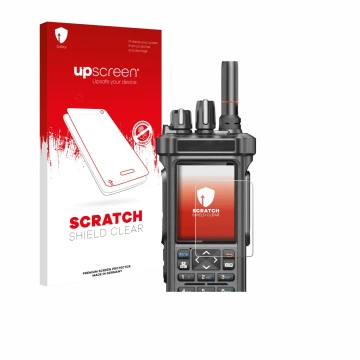 Vorderseite einer Produktverpackung mit dem Markenlogo upscreen. Daneben ist das Gerät Radtel RT-950 Pro mit dem zugehörigen D