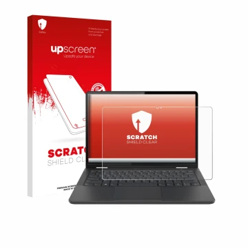 Vorderseite einer Produktverpackung mit dem Markenlogo upscreen. Daneben ist das Gerät Lenovo 13w Yoga Gen 2 mit dem zugehörig