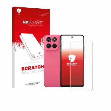 Vorderseite einer Produktverpackung mit dem Markenlogo upscreen. Daneben ist das Gerät Motorola Moto G57 Power (Display+Kamera