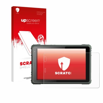 Vorderseite einer Produktverpackung mit dem Markenlogo upscreen. Daneben ist das Gerät Geshem MTK6877 mit dem zugehörigen Disp