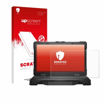Vorderseite einer Produktverpackung mit dem Markenlogo upscreen. Daneben ist das Gerät Dell Pro Rugged 14 Laptop mit dem zugeh