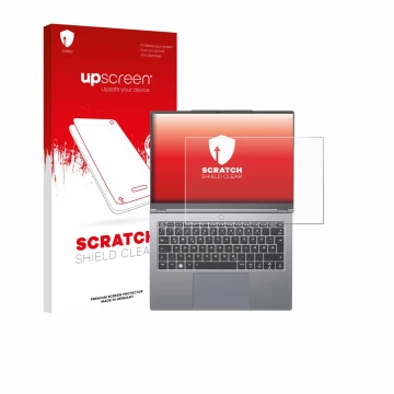 Vorderseite einer Produktverpackung mit dem Markenlogo upscreen. Daneben ist das Gerät Tuxedo InfinityBook Pro 14 Gen 10 mit d