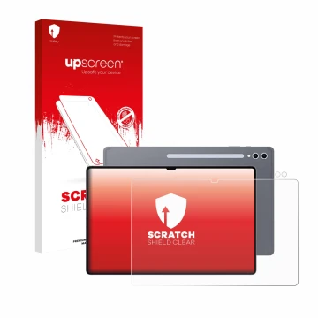 Vorderseite einer Produktverpackung mit dem Markenlogo upscreen. Daneben ist das Gerät Samsung Galaxy Tab S10 Ultra (Display+K