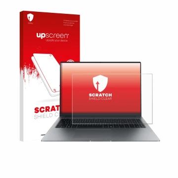 Vorderseite einer Produktverpackung mit dem Markenlogo upscreen. Daneben ist das Gerät Honor MagicBook X16 Plus 2025 mit dem z