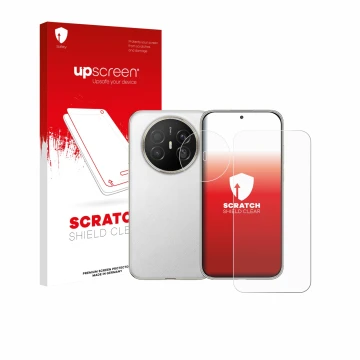 Vorderseite einer Produktverpackung mit dem Markenlogo upscreen. Daneben ist das Gerät Huawei Mate 70 Air (Display+Kamera) mit