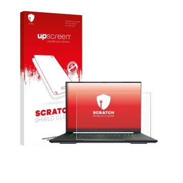 Vorderseite einer Produktverpackung mit dem Markenlogo upscreen. Daneben ist das Gerät Gigabyte AERO X16 2025 mit dem zugehöri