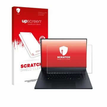 Vorderseite einer Produktverpackung mit dem Markenlogo upscreen. Daneben ist das Gerät Razer Blade 16 2025 mit dem zugehörigen