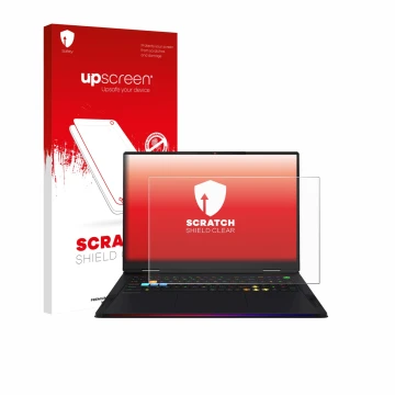Vorderseite einer Produktverpackung mit dem Markenlogo upscreen. Daneben ist das Gerät MSI Raider A18 HX mit dem zugehörigen D