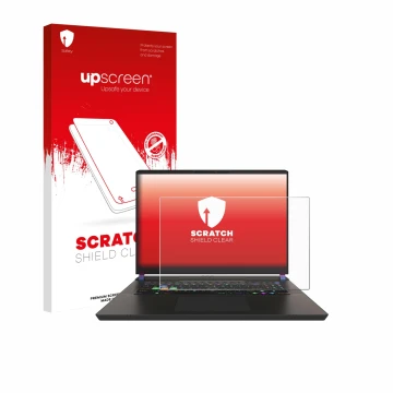 Vorderseite einer Produktverpackung mit dem Markenlogo upscreen. Daneben ist das Gerät MSI Vector 17 HX mit dem zugehörigen Di