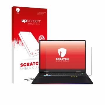 Vorderseite einer Produktverpackung mit dem Markenlogo upscreen. Daneben ist das Gerät MSI Raider 18 HX AI 2025 mit dem zugehö