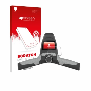 Vorderseite einer Produktverpackung mit dem Markenlogo upscreen. Daneben ist das Gerät PowaKaddy FW5s mit dem zugehörigen Disp