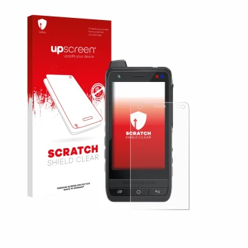 Vorderseite einer Produktverpackung mit dem Markenlogo upscreen. Daneben ist das Gerät Uniwa F400 mit dem zugehörigen Displays