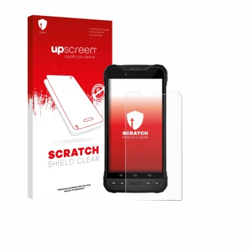 Vorderseite einer Produktverpackung mit dem Markenlogo upscreen. Daneben ist das Gerät Zebra Xplore M60 mit dem zugehörigen Di