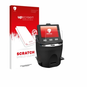 Vorderseite einer Produktverpackung mit dem Markenlogo upscreen. Daneben ist das Gerät Kodak SCANZA mit dem zugehörigen Displa