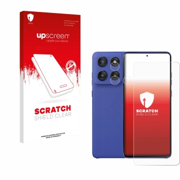 Vorderseite einer Produktverpackung mit dem Markenlogo upscreen. Daneben ist das Gerät Motorola Edge 60 Stylus (Display+Kamera