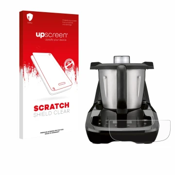 Vorderseite einer Produktverpackung mit dem Markenlogo upscreen. Daneben ist das Gerät SilverCrest Monsieur Cuisine compact mi