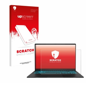Vorderseite einer Produktverpackung mit dem Markenlogo upscreen. Daneben ist das Gerät ASUS V16 V3607 mit dem zugehörigen Disp