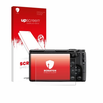 Vorderseite einer Produktverpackung mit dem Markenlogo upscreen. Daneben ist das Gerät Ricoh GR IV HDF 2025 mit dem zugehörige