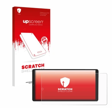 Vorderseite einer Produktverpackung mit dem Markenlogo upscreen. Daneben ist das Gerät Shelly Wall Display X2 mit dem zugehöri