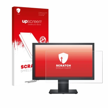 Vorderseite einer Produktverpackung mit dem Markenlogo upscreen. Daneben ist das Gerät Dell E1920H mit dem zugehörigen Display