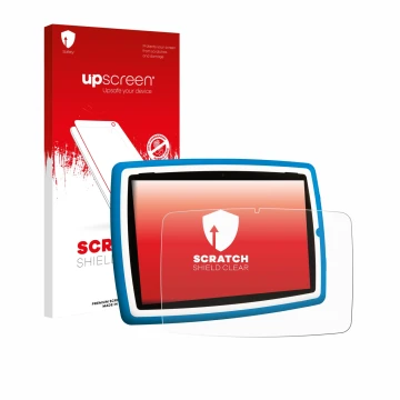 Vorderseite einer Produktverpackung mit dem Markenlogo upscreen. Daneben ist das Gerät Lisciani Mio Tab 10 Tutor XL mit dem zu