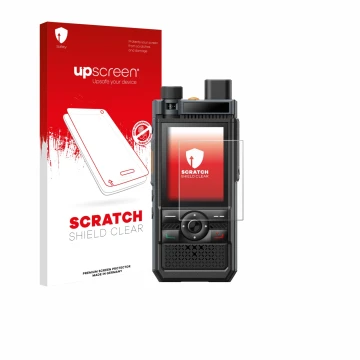 Vorderseite einer Produktverpackung mit dem Markenlogo upscreen. Daneben ist das Gerät Hytera P50 Pro mit dem zugehörigen Disp