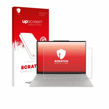 Vorderseite einer Produktverpackung mit dem Markenlogo upscreen. Daneben ist das Gerät Lenovo Yoga Slim 7i Ultra Gen 11 Aura E