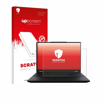 Vorderseite einer Produktverpackung mit dem Markenlogo upscreen. Daneben ist das Gerät XMG Apex 16 Max mit dem zugehörigen Dis