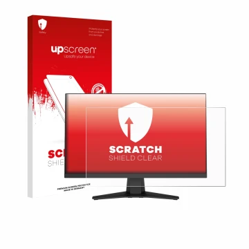 Vorderseite einer Produktverpackung mit dem Markenlogo upscreen. Daneben ist das Gerät MSI MAG 244F mit dem zugehörigen Displa