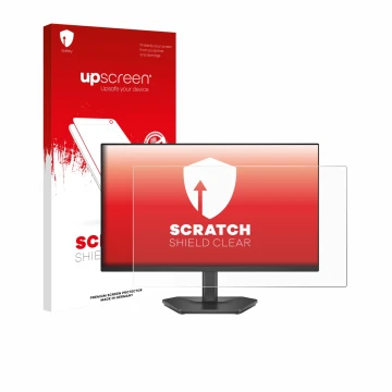 Vorderseite einer Produktverpackung mit dem Markenlogo upscreen. Daneben ist das Gerät Dell 24 SE2426HG mit dem zugehörigen Di