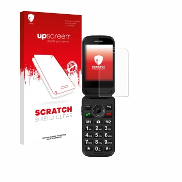 Vorderseite einer Produktverpackung mit dem Markenlogo upscreen. Daneben ist das Gerät Simvalley Mobile XL-970 mit dem zugehör