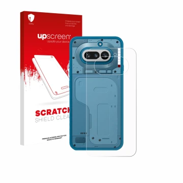 Vorderseite einer Produktverpackung mit dem Markenlogo upscreen. Daneben ist das Gerät Nothing Phone (4a) (Rückseite) mit dem 