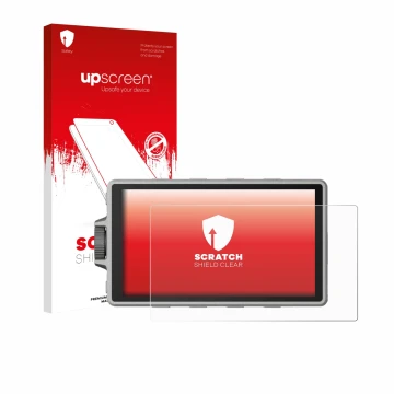 Vorderseite einer Produktverpackung mit dem Markenlogo upscreen. Daneben ist das Gerät DJI Ronin 4D mit dem zugehörigen Displa